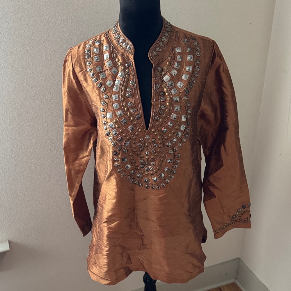 Soft Surroundings Adelia embellished mandarin collar Copper Tunic blouse‎ Sz M